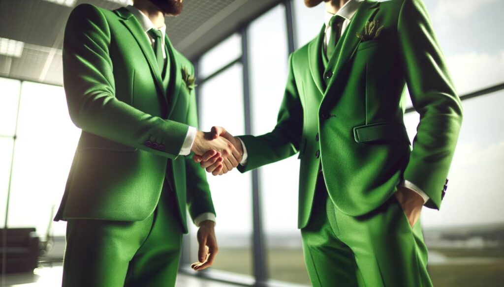 Obrázek z ChatuGPT, dva muži v zeleném obleku si podávají ruce