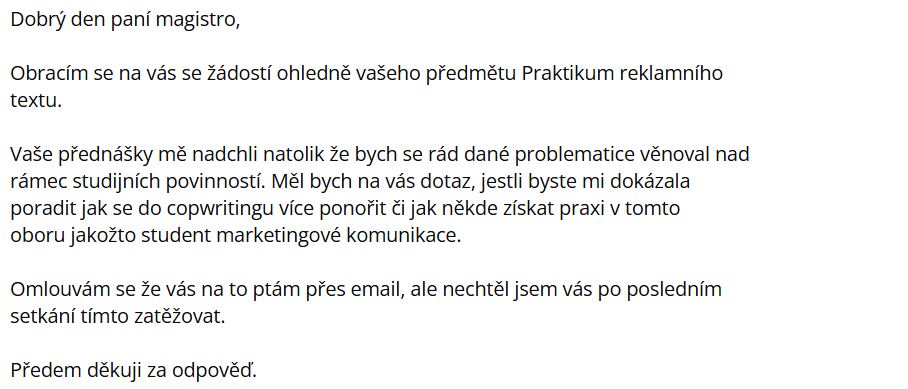 Mail od studenta mého předmětu. Píše, že ho copywriting zaujal, a ptá se, jak začít.